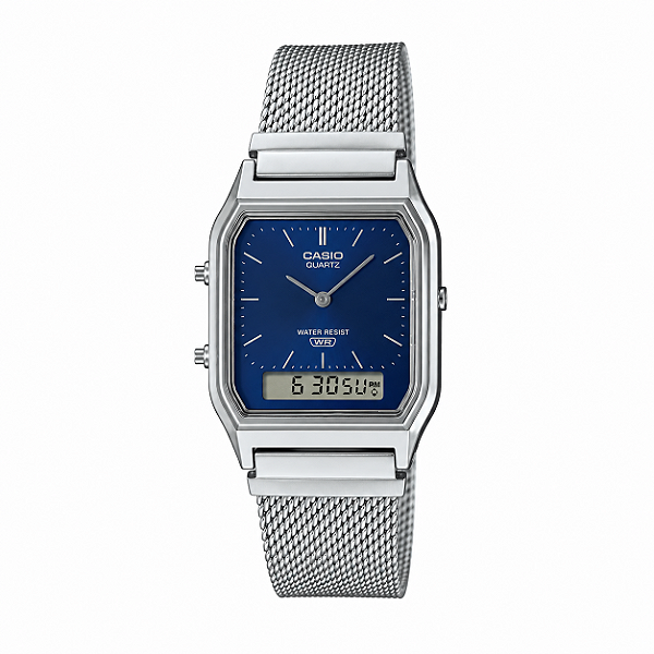 Relógio Casio Unissex Vintage Analógico e Digital Prata Mostrador Azul AQ-230EM-2ADF-SC