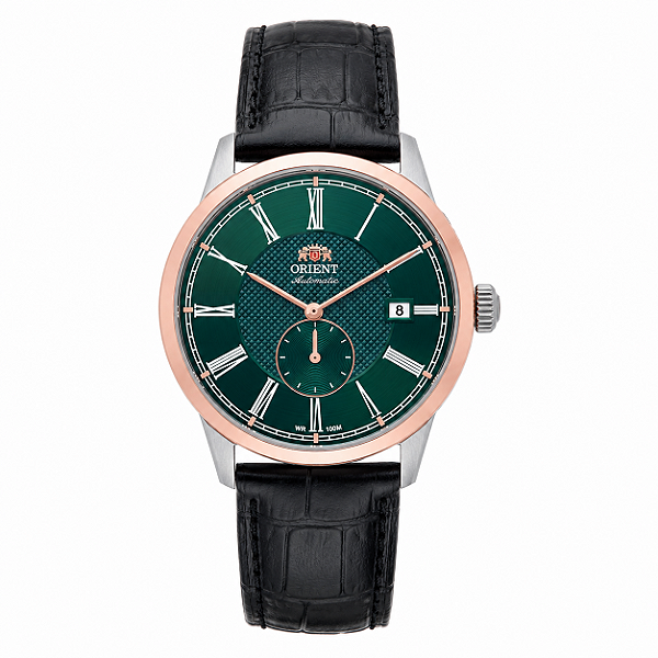Relógio Orient Masculino Automático Special Calibers Small Seconds Preto Rose Fundo Verde Couro YN6MC035 E3PX