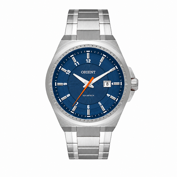 Relógio Orient Solartech Masculino Aço Prata Fundo Azul Bracelete Integrado 42mm MBSS1503 D2SX