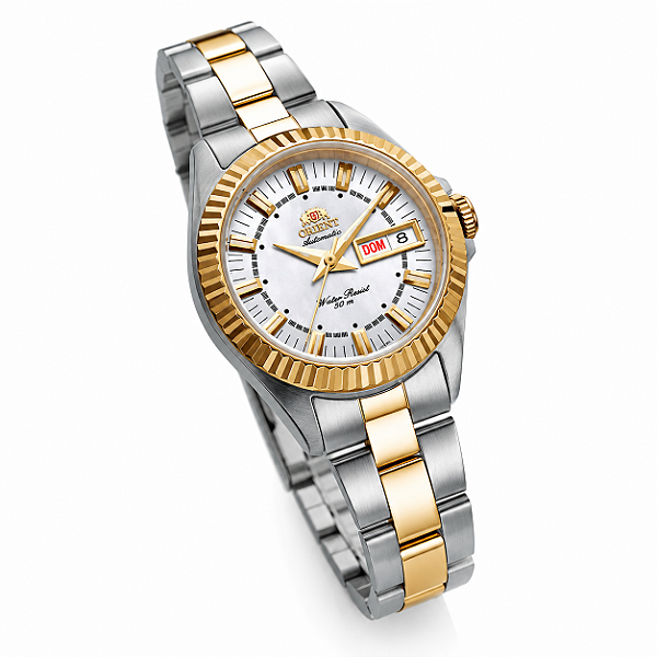 Relógio Orient Feminino Automático Aço Bicolor Prata Dourado Fundo Madrepérola 24mm NH6MM005 B1SK