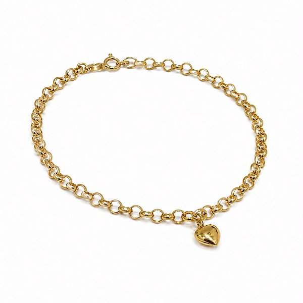 Pulseira Elo Português 2,5mm Pingente Coração Ouro 18K