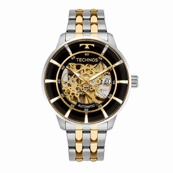 Relógio Technos Masculino Automático Aço Prata Fundo Preto Skeleton G3265AM/1P
