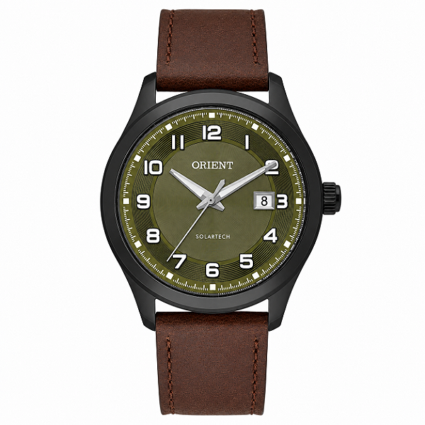 Relógio Orient Masculino SolarTech Preto Fundo Verde Couro Marrom MPSC1016 E2NX