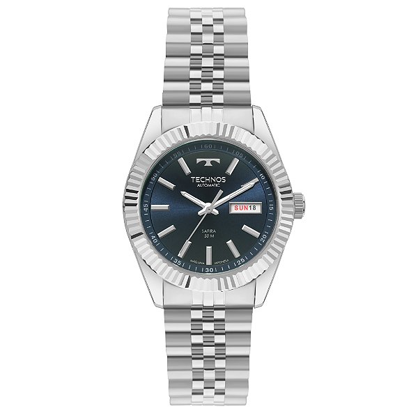 Relógio Technos Masculino Automático Riviera Aço Azul Day-Date 38mm 8205PU/1A