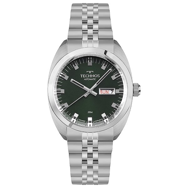 Relógio Technos Masculino Automático Vintage Prata Mostrador Verde 8205OO/1V Original