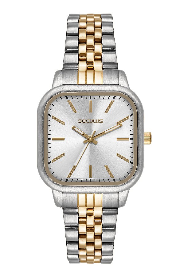 Relógio Seculus Feminino Bicolor Aço Quadrado Minimalista Prata e Dourado 3ATM 44284LPSVBS2