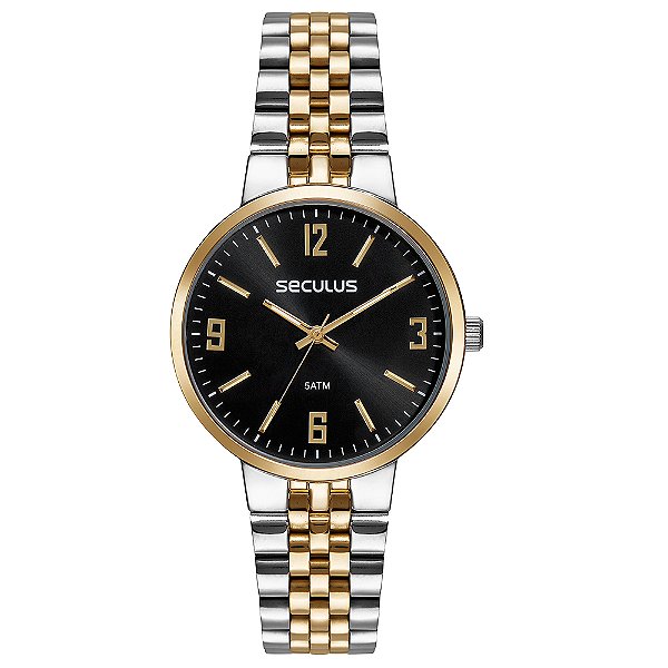 Relógio Feminino Seculus 77267LPSVBS3 Bicolor Aço Prata e Dourado Mostrador Preto Original