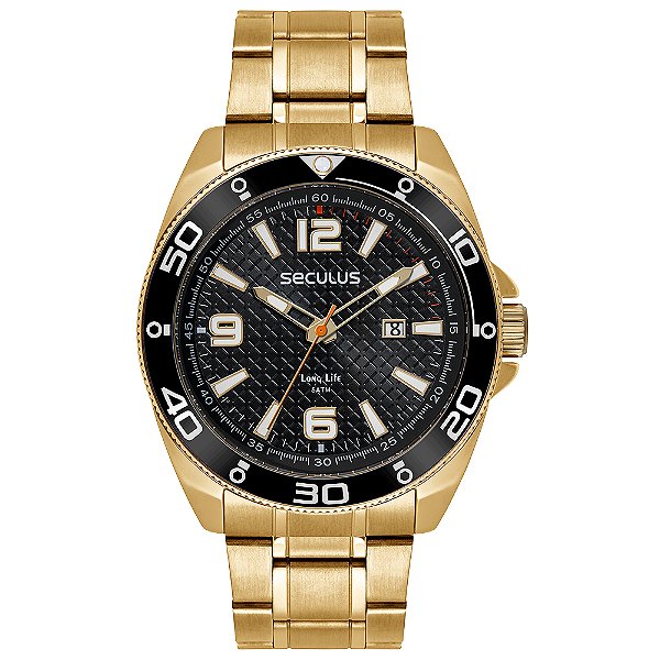 Relógio Seculus Masculino Long Life Dourado Fundo Preto 46mm 77241GPSVDA2