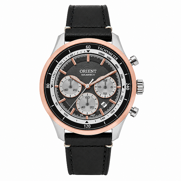Relógio Orient Masculino Solartech Cronógrafo Safira Misto Rose Gold Couro 40mm MTSCC052 P1PX