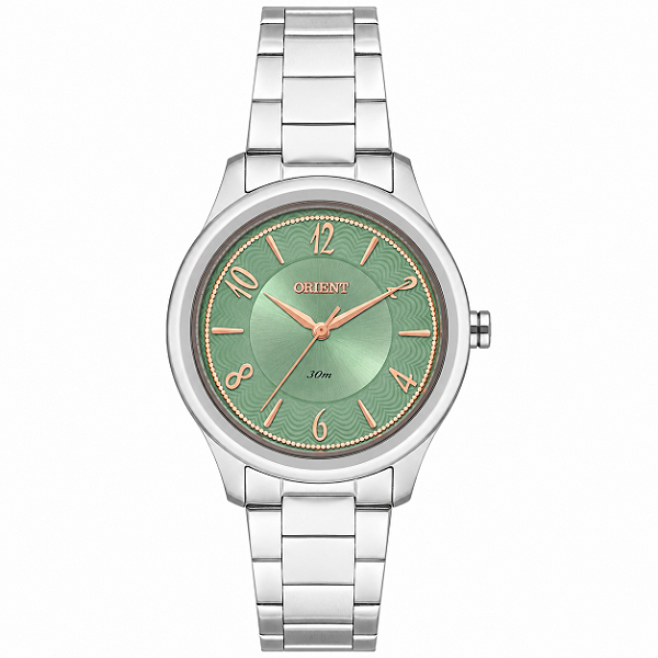 Relogio Orient Feminino Aco Prata Fundo Verde Detalhes Rose FBSS0157F2SX 33mm