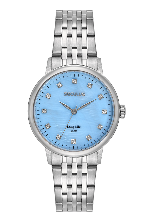 Relógio Seculus Feminino Prata Todo em Aço Fundo Madre Pérola Ice Blue 35mm 77331L0SVNA3