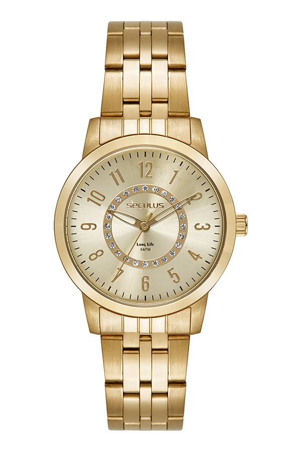 Relógio Seculus Feminino Long Life Dourado Números Completos 35mm 44289LPSVDA1