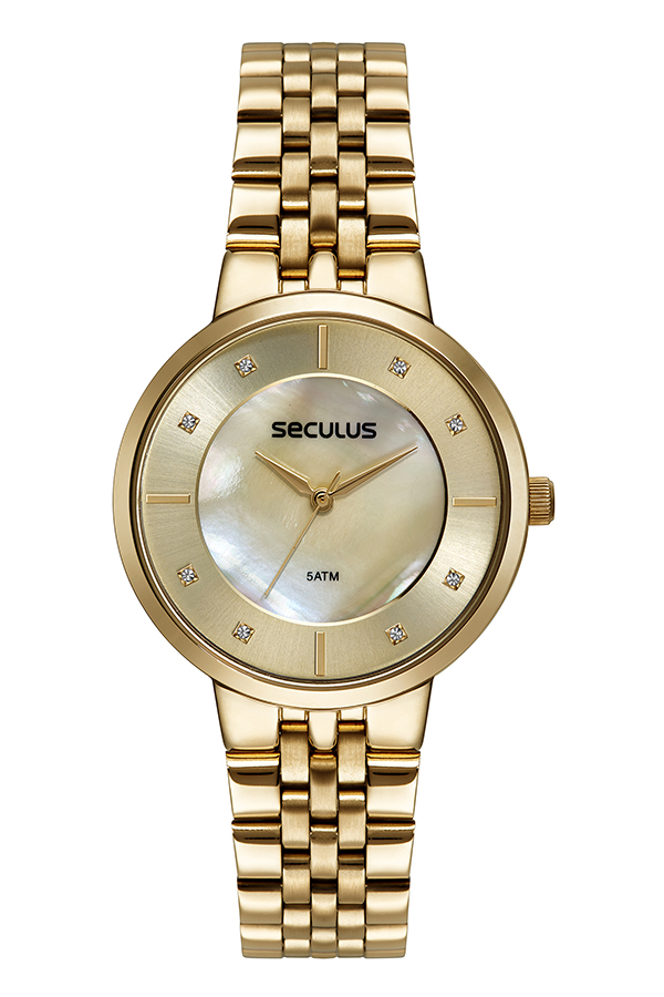 Relógio Seculus Feminino Dourado Pulseira Jubilee Fundo Madre Pérola 38mm 77248LPSVDS1