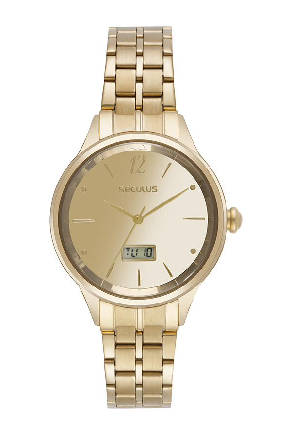Relógio Seculus Feminino Dourado Ana Digi Fundo Espelhado 36mm 77332LPSVDS1