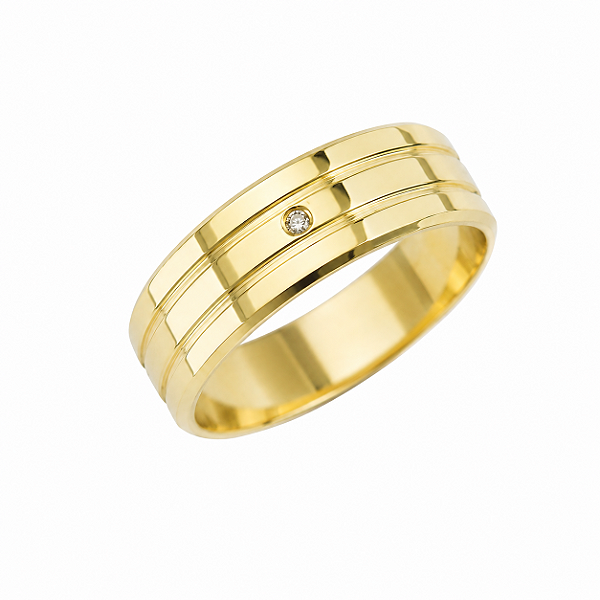 Aliança Reta Friso Lateral com Moissanite Borda Chanfrada 6mm Ouro 18K