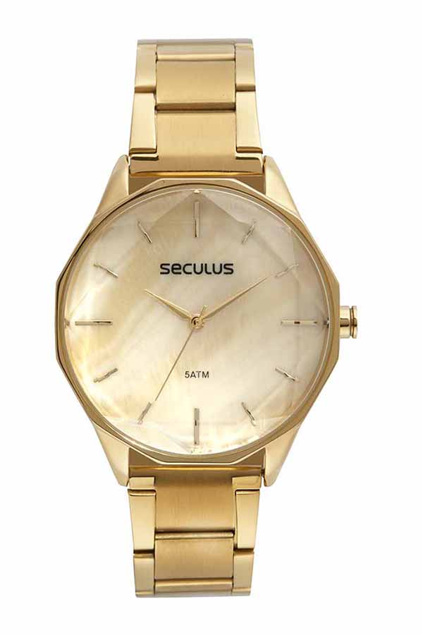 Relógio Seculus Feminino Dourado 77267LPSVBS3 Facetado 42mm