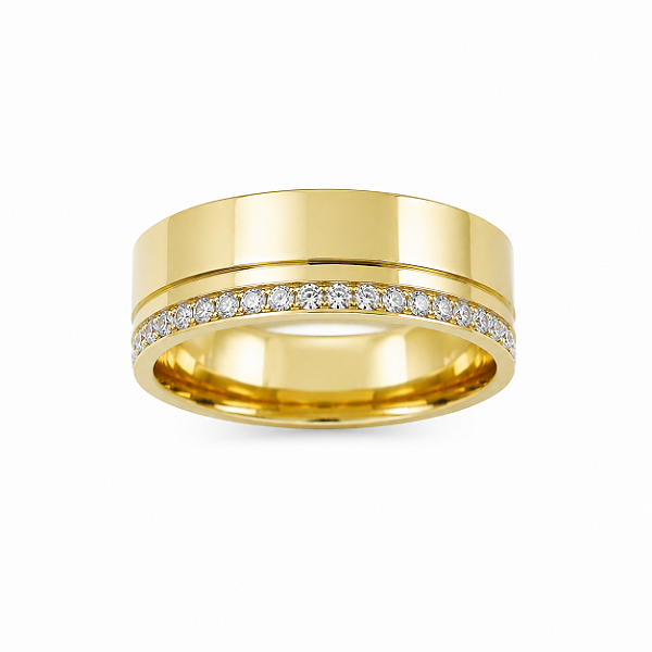 Aliança Reta com Friso e Filete de Moissanites Polida Anatômica 8mm Ouro 18K