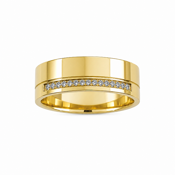 Aliança Reta com Friso Polida Borda Chanfrada e Filete de Moissanites 8mm Ouro 18K