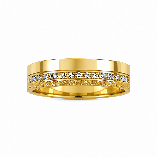 Aliança Reta com Friso Polida Diamantada com Filete de Moissanites 5mm Ouro 18k