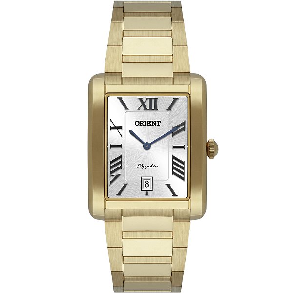 Relógio Orient Masculino Dourado Retangular Safira Estilo Tank GGSS1021B3KX