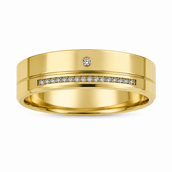 Aliança Reta com Friso Polida Filete de Diamantes Borda Chanfrada 6mm Ouro 18k.