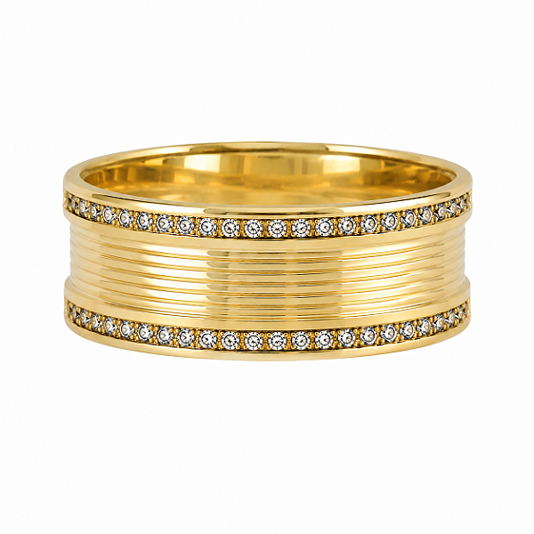 Aliança Reta com Frisos Filetes de Diamantes 8mm Ouro 18k.