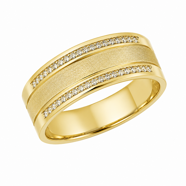 Aliança Reta com Friso Textura Filetes de Diamantes 8mm Ouro 18k.