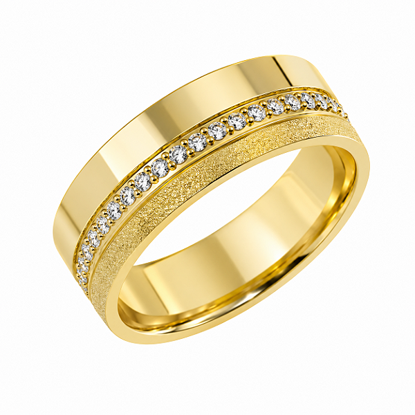 Aliança Reta com Friso Textura Filete de Diamantes 5mm Ouro 18k.