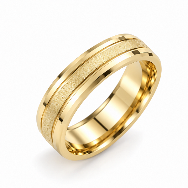 Aliança Reta com Friso Textura Borda Chanfrada 4mm Ouro 18K