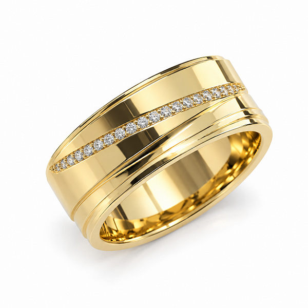 Aliança Reta com Friso Filete de Diamantes 8mm Ouro 18K