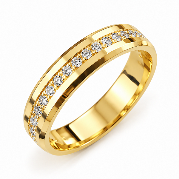Aliança Reta Semi Anatômica com Friso Borda Chanfrada Filete de Diamantes 4mm Ouro 18K