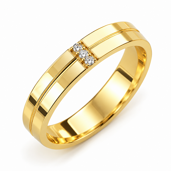 Aliança Reta Semi Anatômica com Friso 3 Diamantes Cravados 3,5mm Ouro 18K