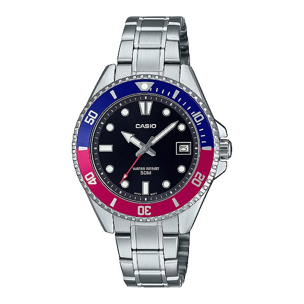 Relógio Casio Duro Mdv-10d-1a3v 38,5mm Tamanho Pequeno Correia Prateado Bisel Azul E Vermelho Fundo Preto