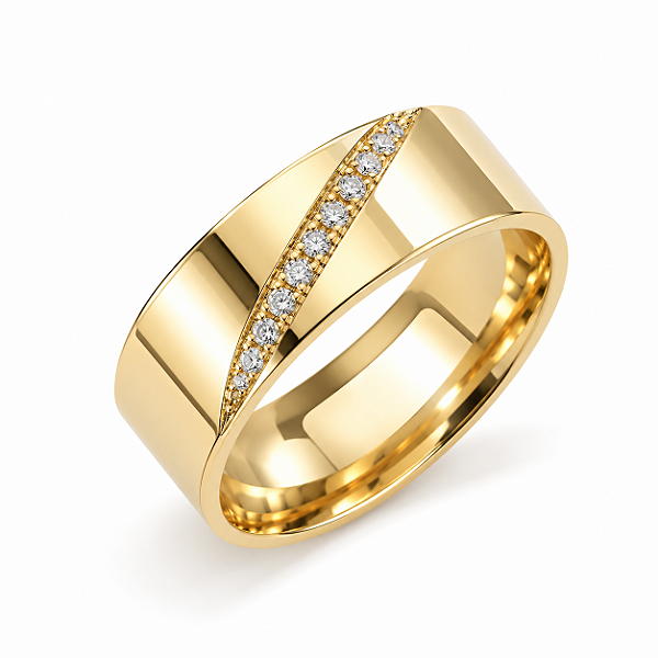 Aliança Reta Semi Anatômica com Filete Transversal de Diamantes 5,0mm Ouro 18K