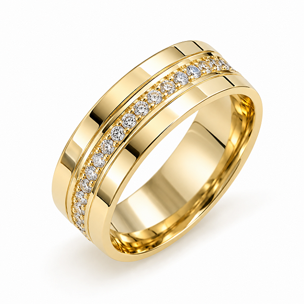 Aliança Reta com Friso Filete Central de Diamantes 5,0mm Ouro 18K