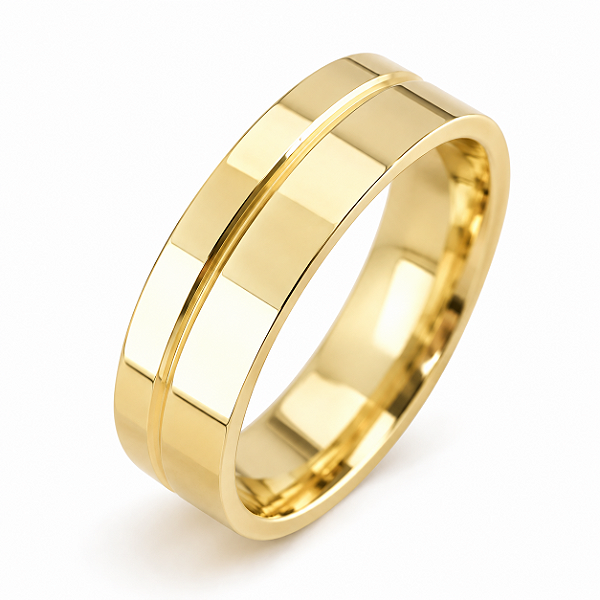 Aliança Reta com Friso Polido 5,0mm Ouro 18K