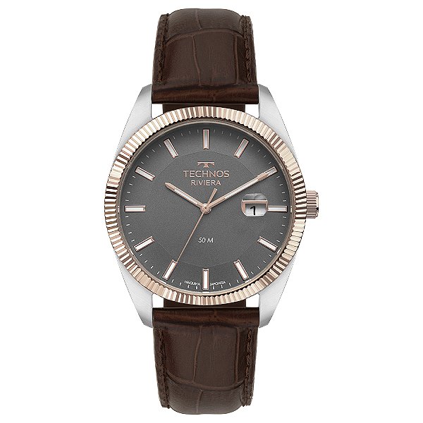 Relógio Technos Masculino Riviera Couro 2317AI/0C Bisel Rosê