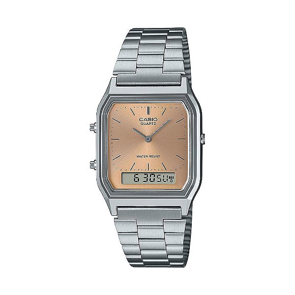 Relógio Casio Vintage Ana-Digi Prata Fundo Salmão AQ230A