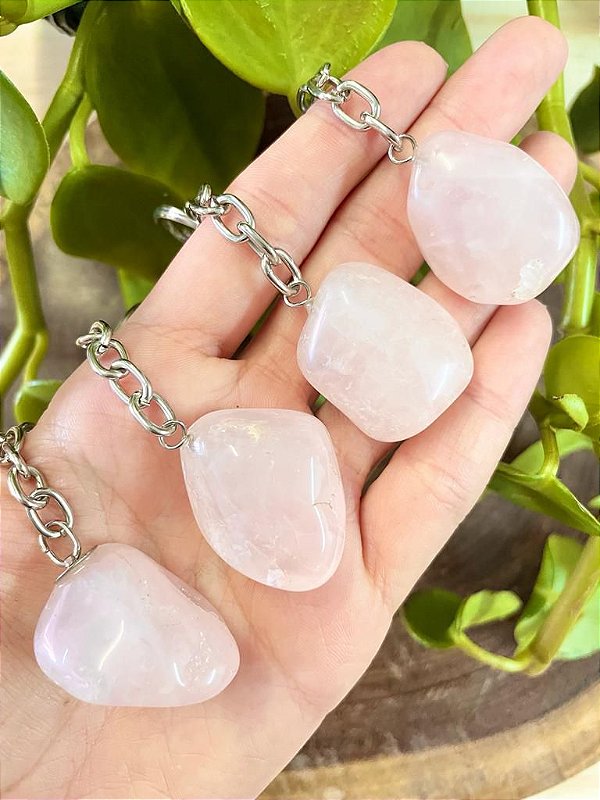 Chaveiro de Quartzo Rosa - Pedra do Amor - Cura do Coração, Amor Próprio, Perdão e Gratidão