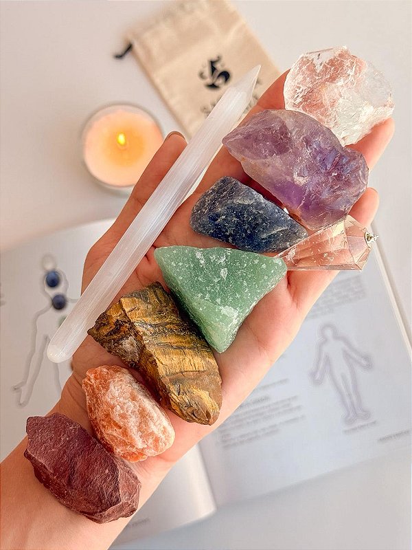 Kit Alinhamento dos Chakras - Pêndulo + Cristais + Lápis Selenita - Opção Bruto e Rolado