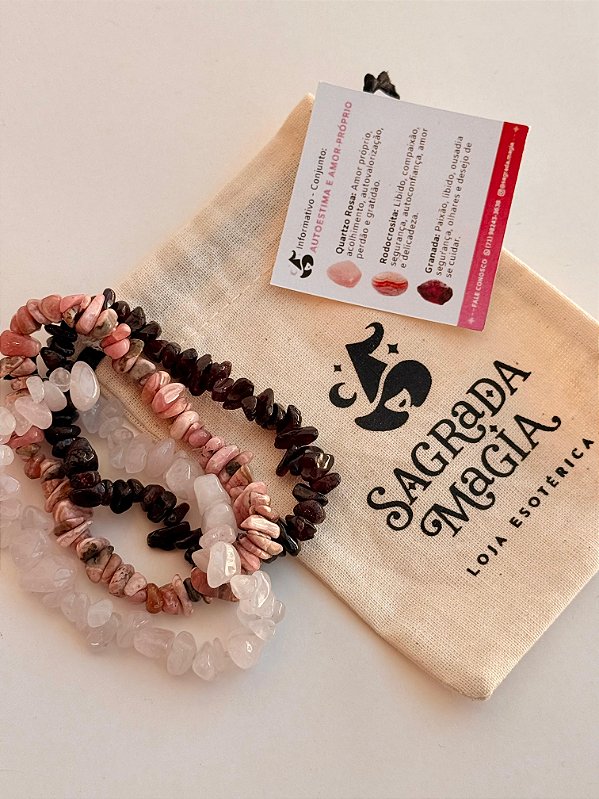 Conjunto Amor e Relacionamentos - Quartzo Rosa, Rodocrosita e Granada