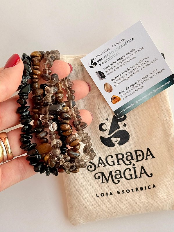Conjunto Proteção Energética e Espiritual - Turmalina Negra, Hematita e Olho de Tigre