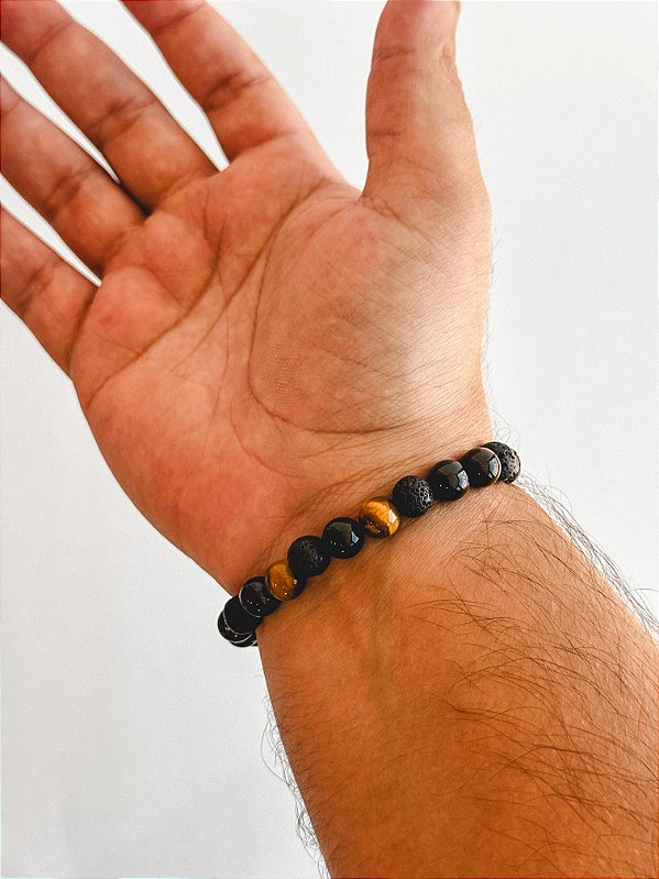 Pulseira Trio de Proteção 8mm - Turmalina Negra, Lava Vulcânica e Olho de Tigre