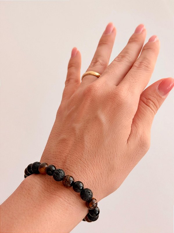 Pulseira Trio de Proteção 8mm - Turmalina Negra, Lava Vulcânica e Olho de Tigre