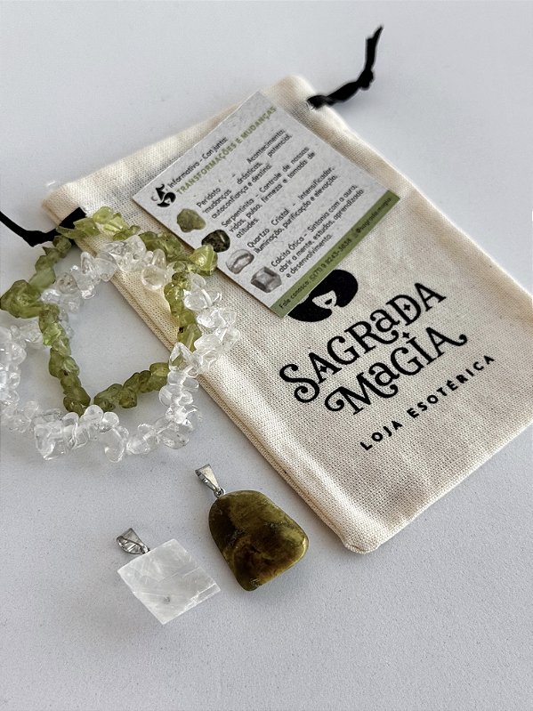 Conjunto Transformações e Mudanças - Peridoto, Serpentinita, Quartzo Cristal e Calcita Ótica