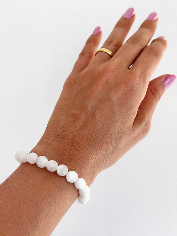 Pulseira de Selenita Redonda 8mm - Limpeza Energética; Paz de Espírito; Cansaço Mental e Dores
