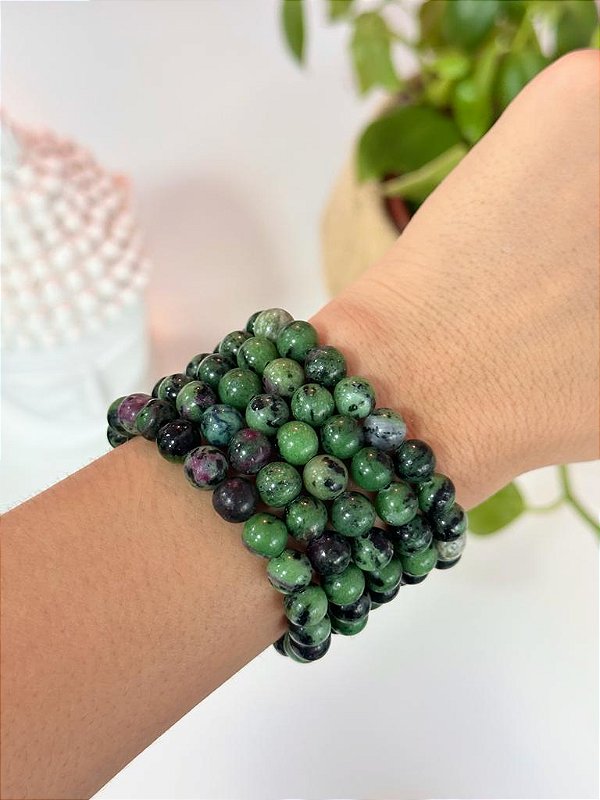 Pulseira de Zoisita com Rubi Redonda 8mm - Paixão pela Vida, Sucesso e Sabedoria para Decisões