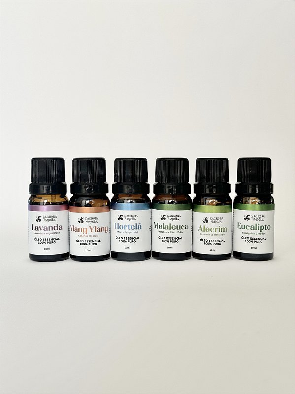 Kit Completo de Óleos Essenciais Sagrada Magia - Alecrim, Hortelã, Eucalipto, Melaleuca, Ylang Ylang e Lavanda.