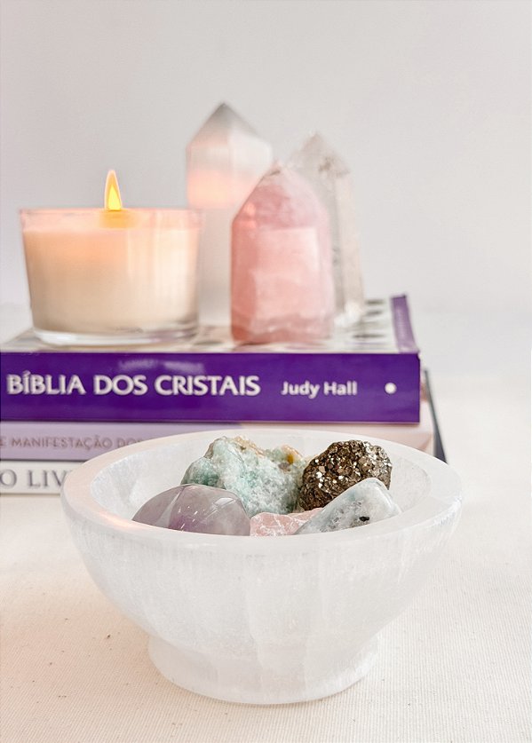 Bowl Pedestal de Selenita - Limpeza Energética; Paz de Espírito; Cansaço Mental e Dores