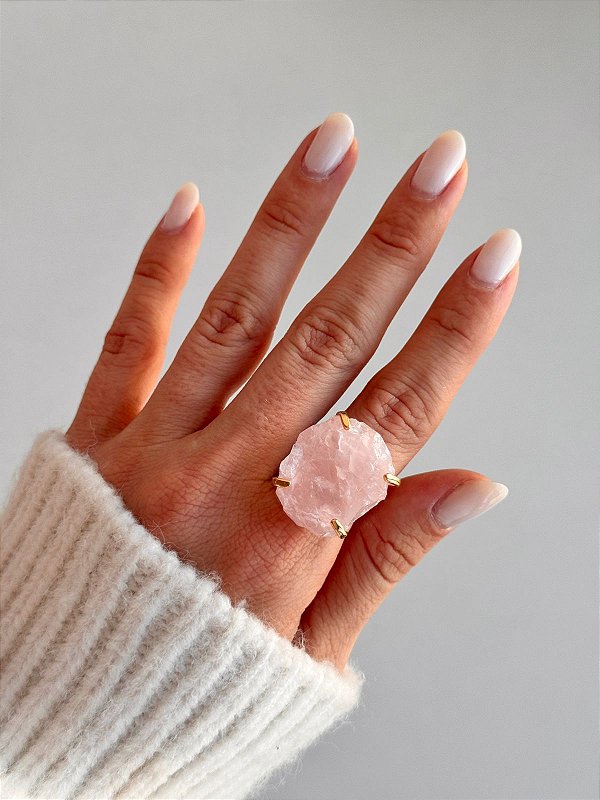 Anel Regulável de Quartzo Rosa Dourado - Pedra do Amor - Cura do Coração, Amor Próprio, Perdão e Gratidão
